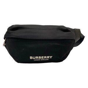 Auth BURBERRY LONDON ENGLAND Black Nylon Leather Bum Bag